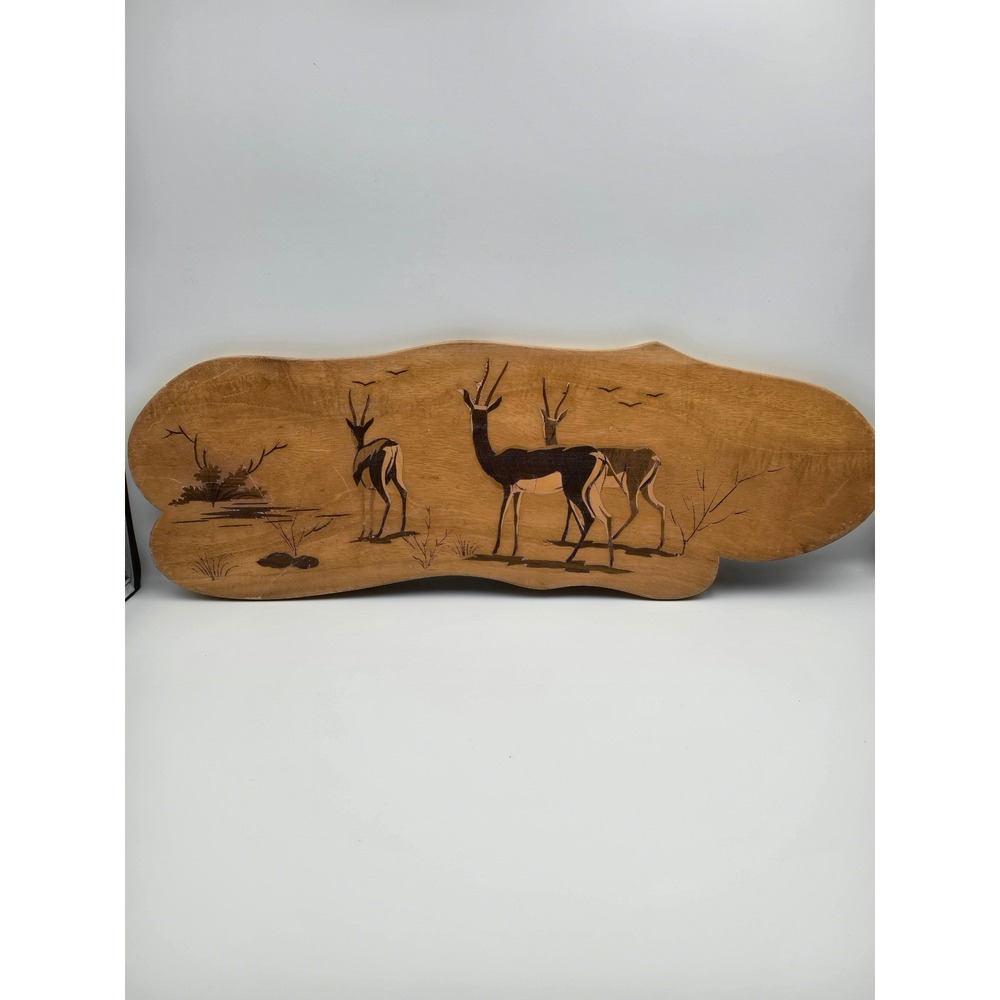 Vintage Wood inlay Carving African Gazelle Scene Wall Art‎ Decor